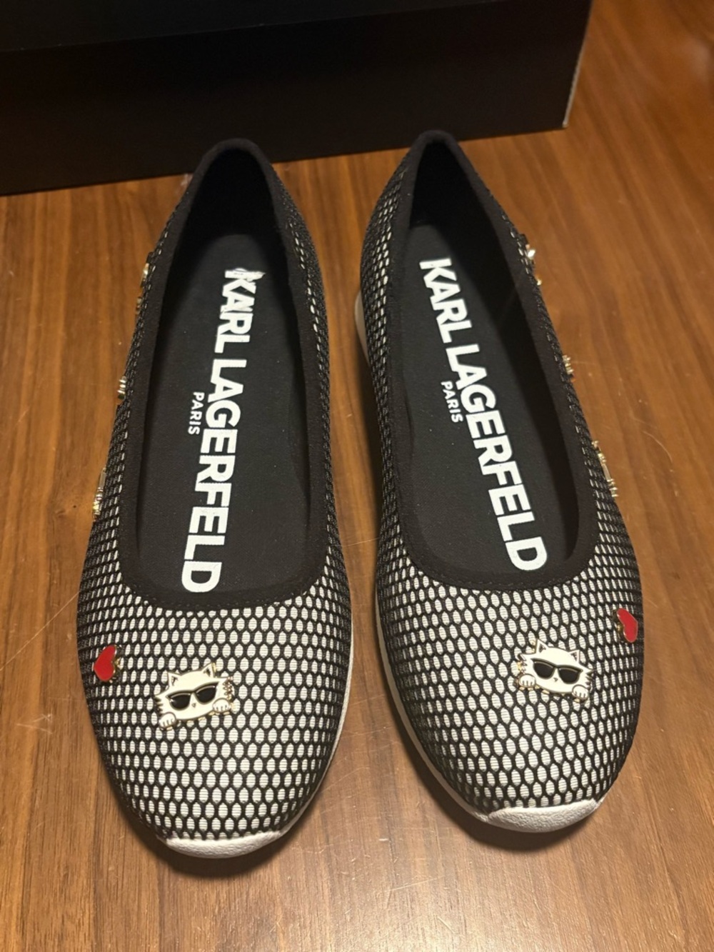 Karl Lagerfeld Black & White Mesh Ballet Flats with Red Heart Accents
